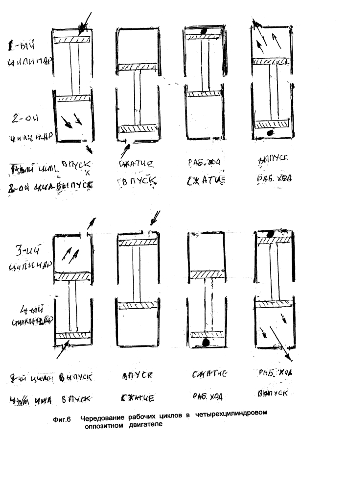 Четырехцилиндровый оппозитный двигатель с переменным ходом поршней (патент 2605500)