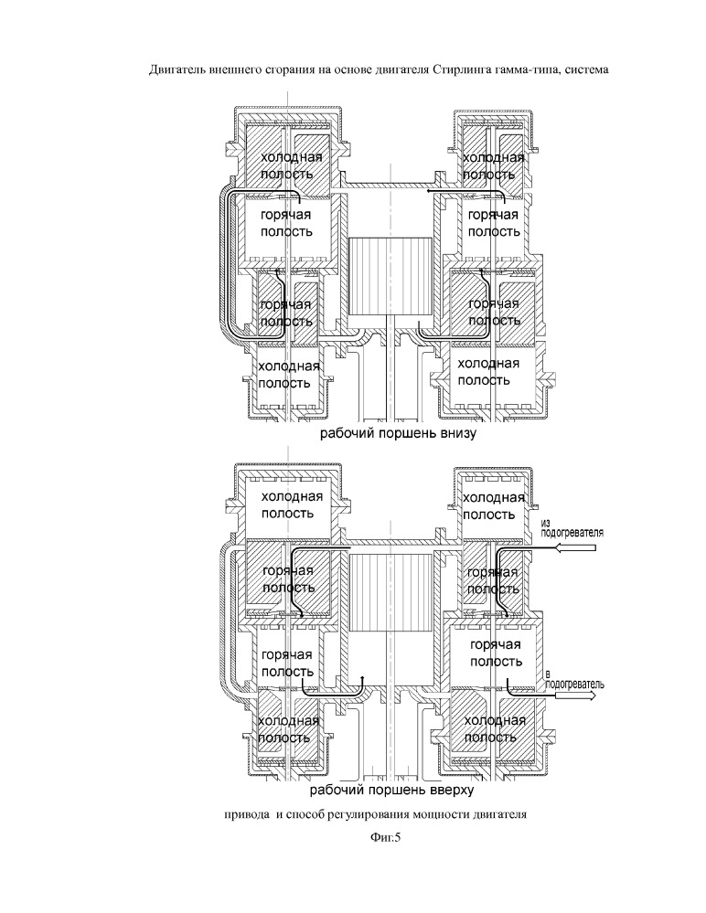 Двигатель внешнего сгорания на основе двигателя стирлинга гамма-типа, система привода и способ регулирования мощности двигателя (патент 2649523)