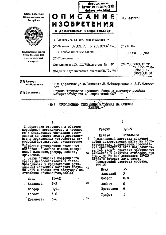 Фрикционный спеченный материал на основе железа (патент 449972)