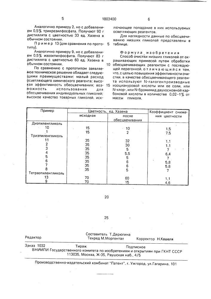 Способ очистки низших гликолей от окрашивающих примесей (патент 1803400)