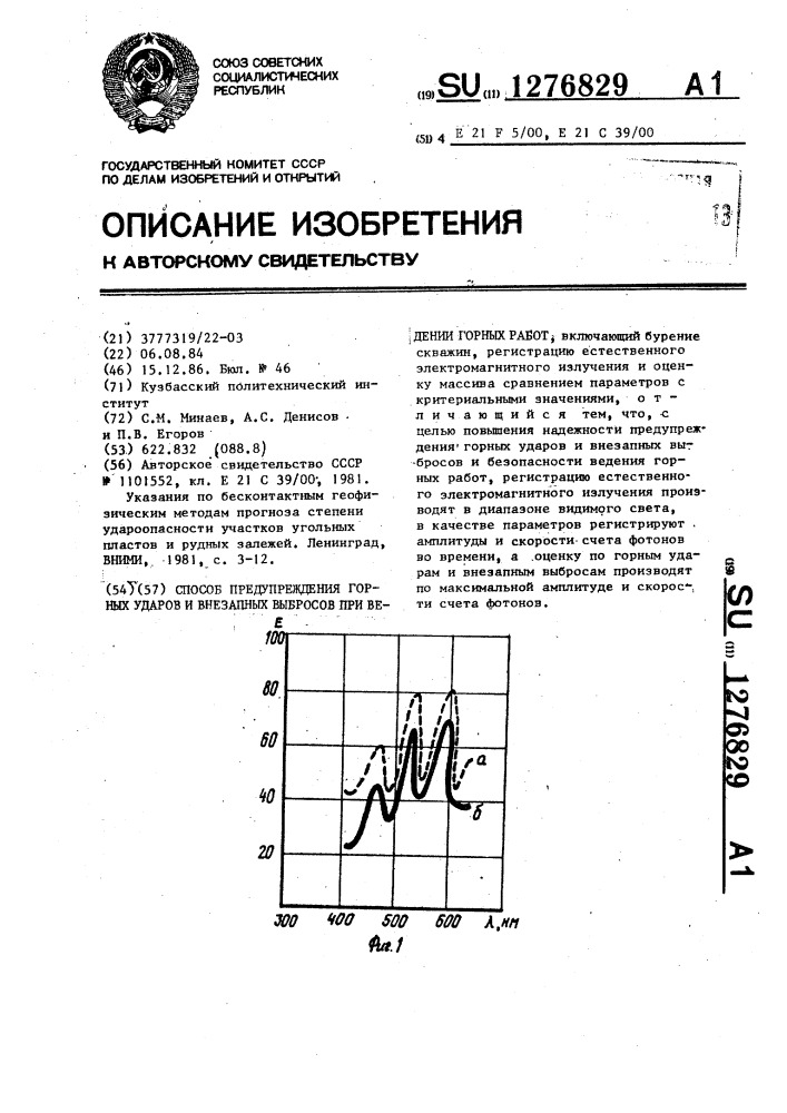 Способ предупреждения горных ударов и внезапных выбросов при ведении горных работ (патент 1276829)