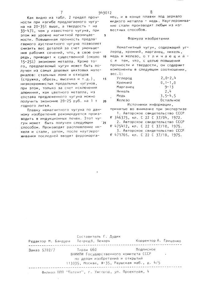 Немагнитный чугун (патент 949012)
