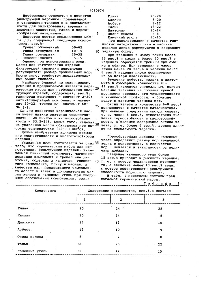 Керамическая масса для изготовления фильтрующих изделий (патент 1090674)