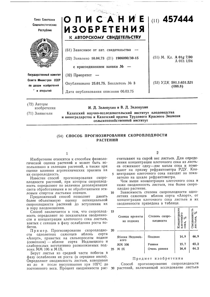 Способ прогнозирования скороплодности растений (патент 457444)