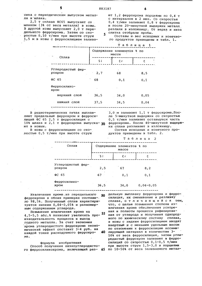 Способ получения низкоуглеродистого ферросиликохрома (патент 883187)