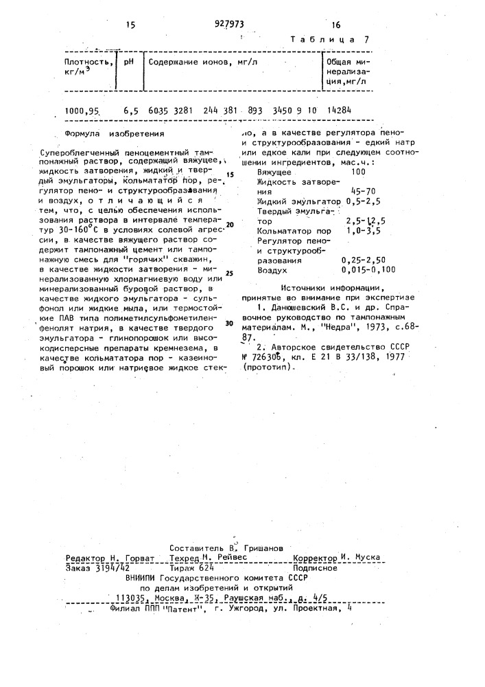 Супероблегченный пеноцементный тампонажный раствор (патент 927973)