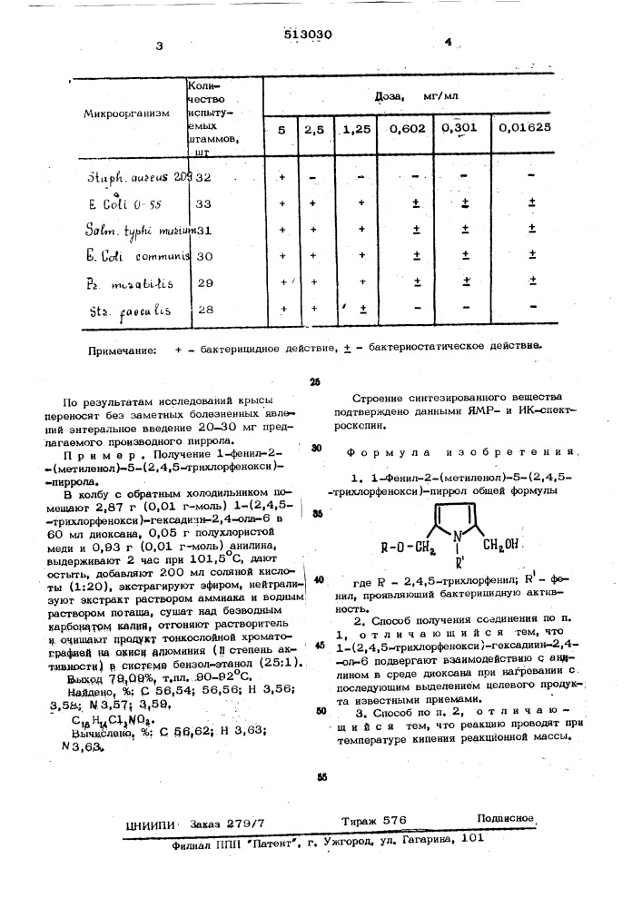 1-фенил-2-(метиленол)-5-(2,4,5-трихлорфенокси)-пиррол, проявляющий бактерицидную активность и способ его получения (патент 513030)