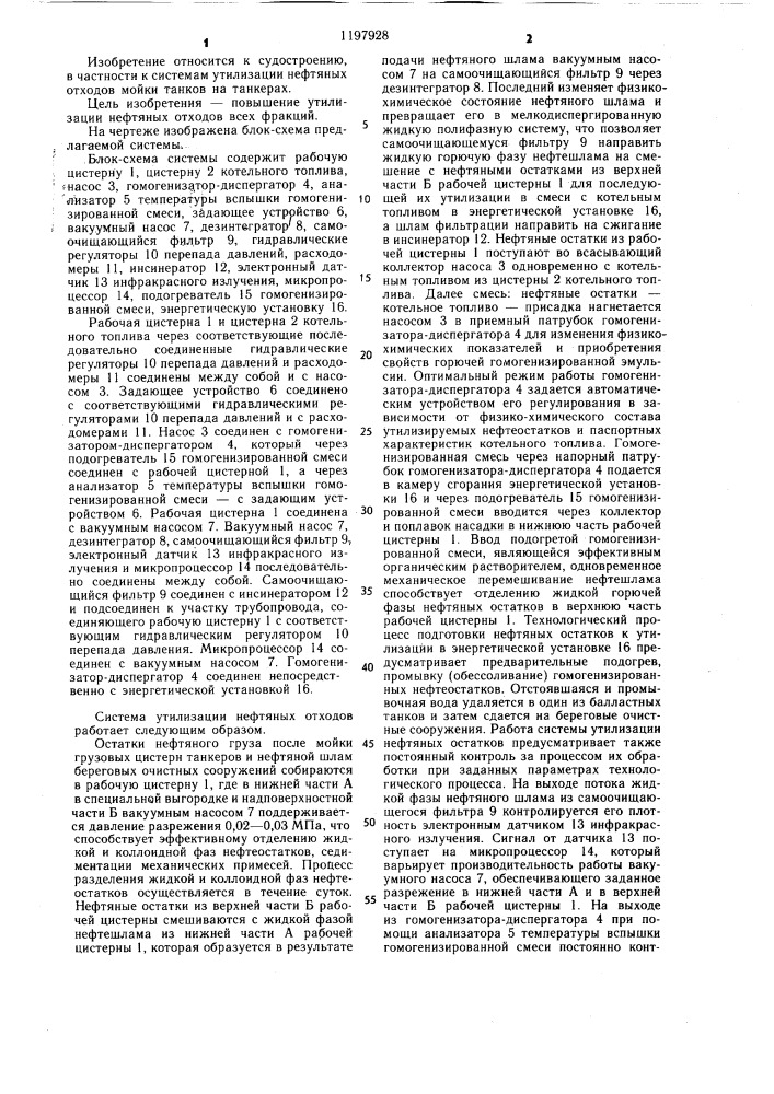 Система утилизации нефтяных отходов мойки танков на танкерах (патент 1197928)