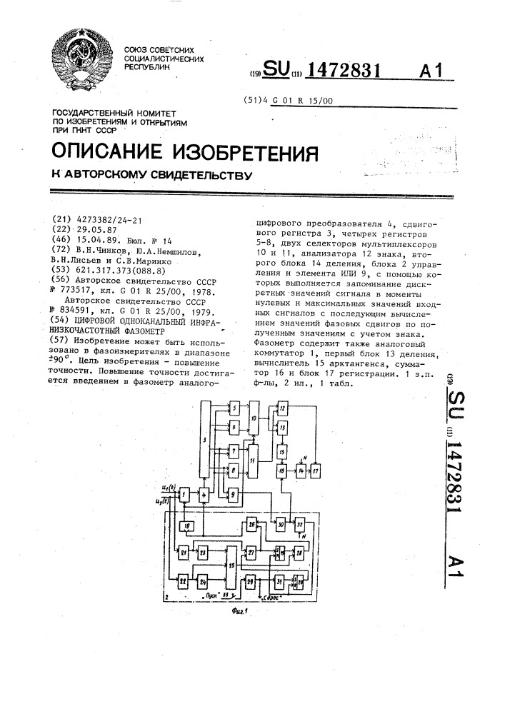 Цифровой одноканальный инфранизкочастотный фазометр (патент 1472831)