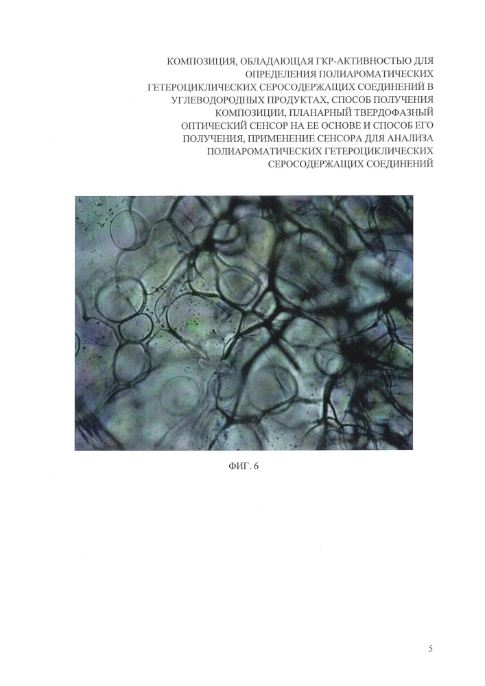 Композиция, обладающая гкр-активностью для определения полиароматических гетероциклических серосодержащих соединений в углеводородных продуктах, способ получения композиции, планарный твердофазный оптический сенсор на ее основе и способ его получения, применение сенсора для анализа полиароматических гетероциклических серосодержащих соединений (патент 2627980)