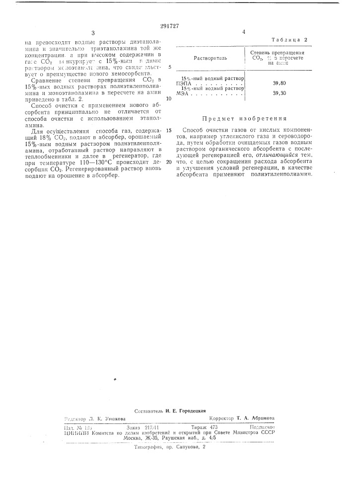 Способ очистки газов от кислых компонентов (патент 291727)