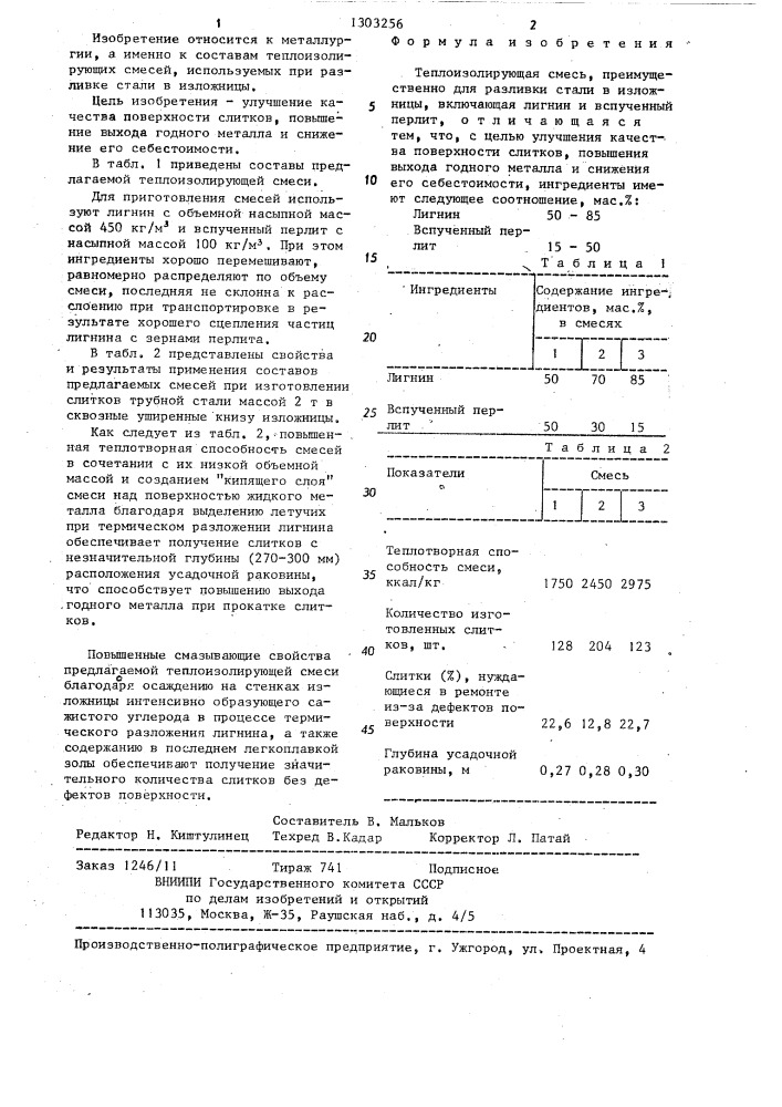 Теплоизолирующая смесь (патент 1303256)