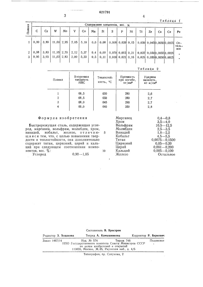 Быстрорежущая сталь (патент 621791)