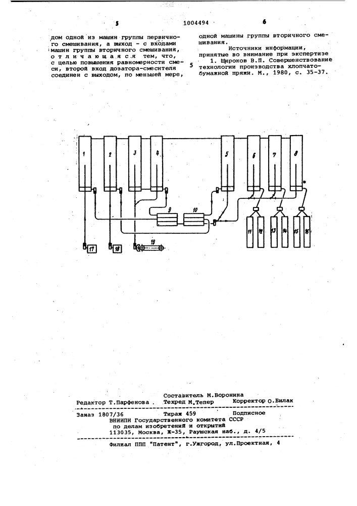 Поточная линия приготовления смеси волокнистых материалов (патент 1004494)
