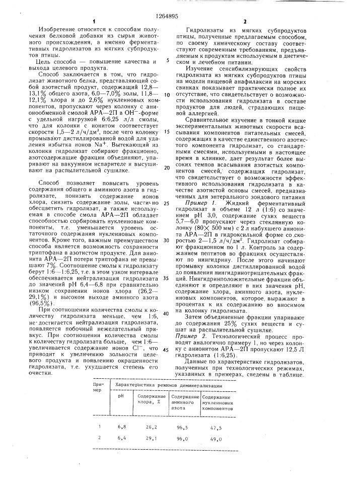 Способ получения сухой белковой добавки для пищевых продуктов из гидролизатов животного белка (патент 1264895)