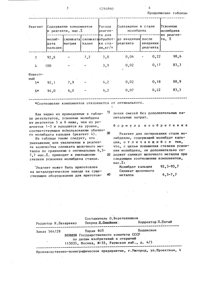 Реагент для легирования стали молибденом (патент 1294860)