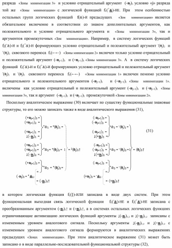 Способ формирования преобразованных аргументов аналоговых сигналов (0j)i и (0j+1)i сквозного параллельного переноса f(  ) для преобразования позиционно-знаковых аргументов аналоговых сигналов &#177;[nj]f(+/-) в условной &quot;i&quot; зоне минимизации и функциональная структура для его реализации (варианты) (патент 2420868)