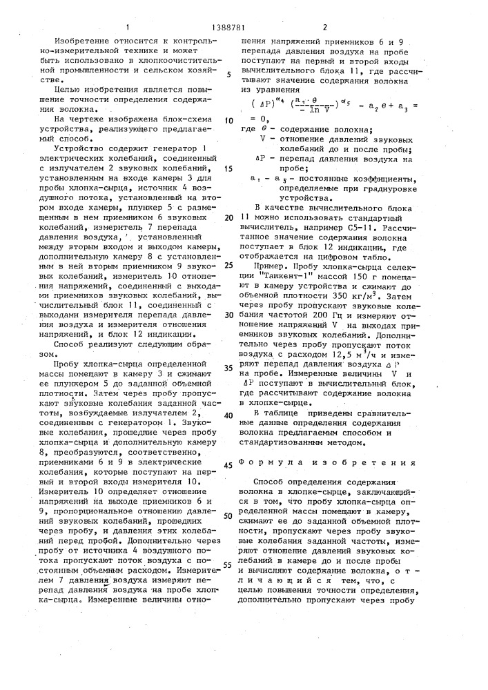 Способ определения содержания волокна в хлопке-сырце (патент 1388781)