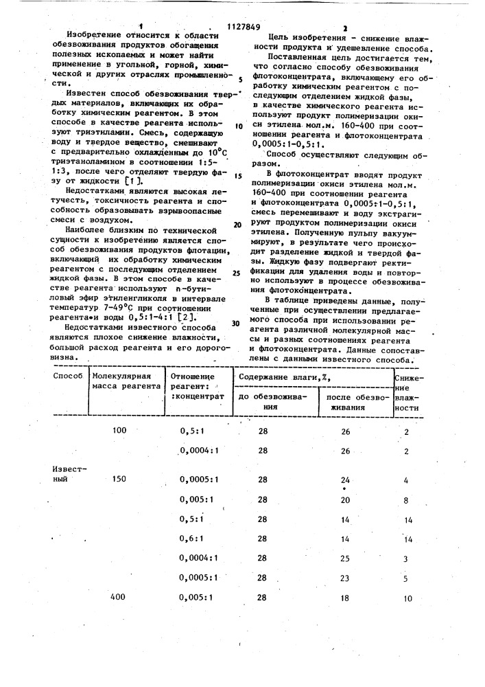 Способ обезвоживания флотоконцентрата (патент 1127849)