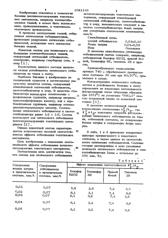 Состав для оптического отбеливания целлюлозосодержащих текстильных материалов (патент 1081248)