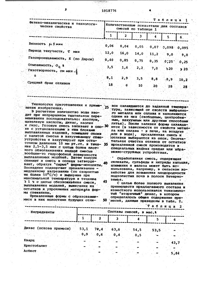 Смесь для изготовления литейных форм по выплавляемым моделям (патент 1018776)