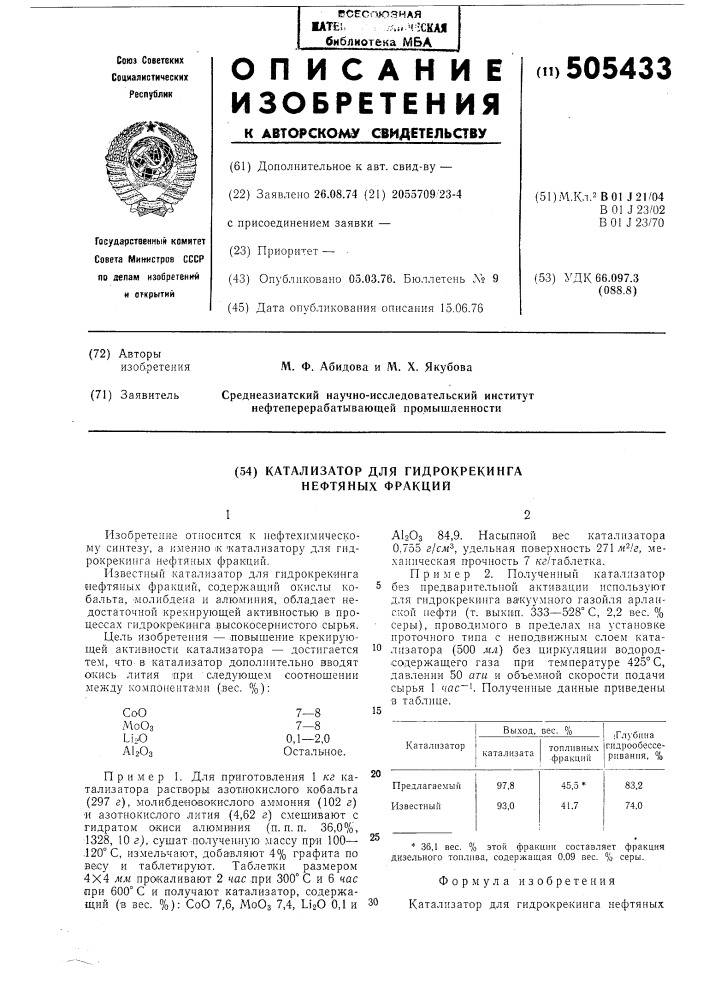 Катализатор для гидрокрекинга нефтяных фракций (патент 505433)