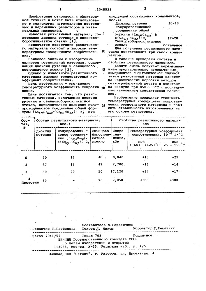 Резистивный материал (патент 1048523)