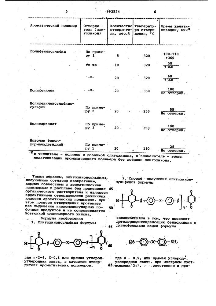 Олигохинонсульфиды в качестве отвердителя ароматических полимеров и способ их получения (патент 992524)