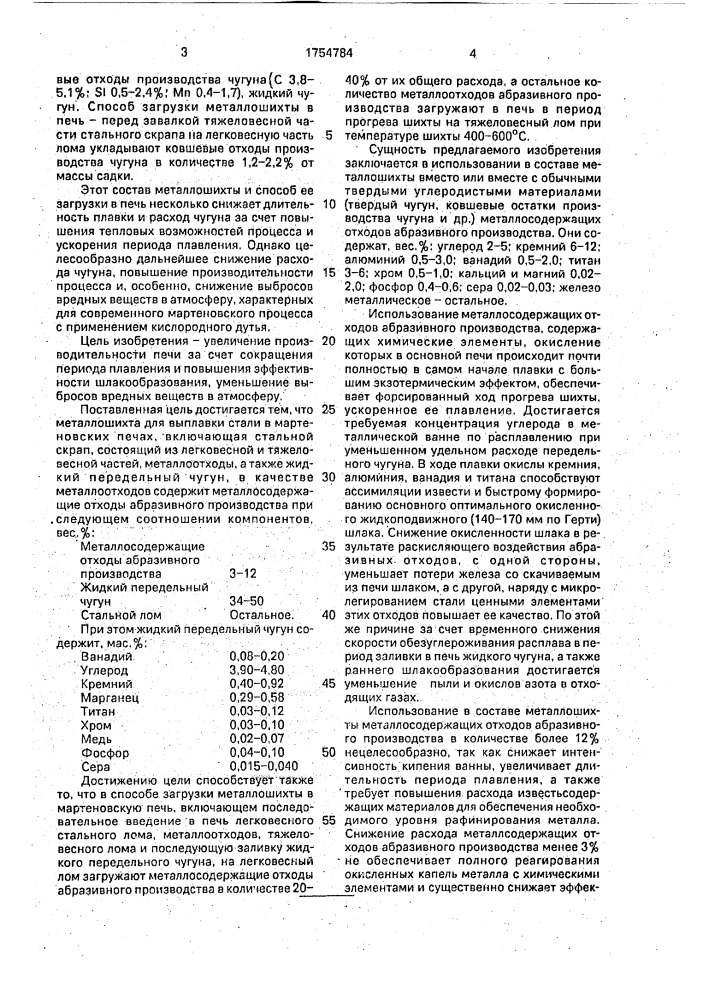 Металлошихта для выплавки стали в мартеновских печах и способ ее загрузки в печь (патент 1754784)