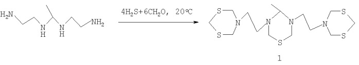 Способ получения 5-{2-[5-{2-[1,3,5-дитиазинан-5-ил]этил}-4-метил-1,3,5-тиадиазинан-3-ил]этил}-1,3,5,-дитиазинана (патент 2333910)