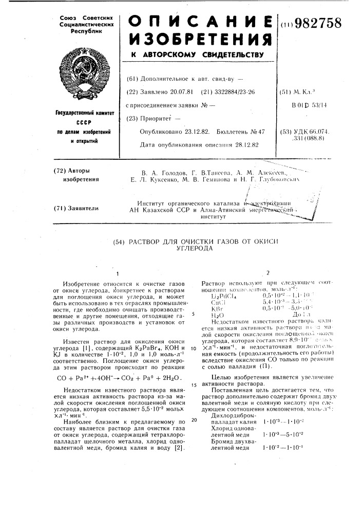 Раствор для очистки газов от окиси углерода (патент 982758)