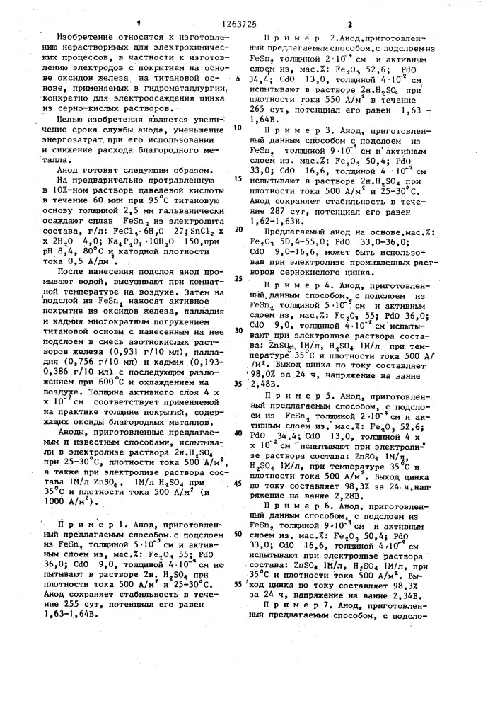 Анод для электроосаждения цинка из серно-кислых растворов (патент 1263725)