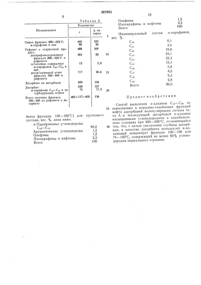 Способ выделения «-алканов сю-сго из керосиновых и керосино- газойлевых фракций нефти (патент 387953)