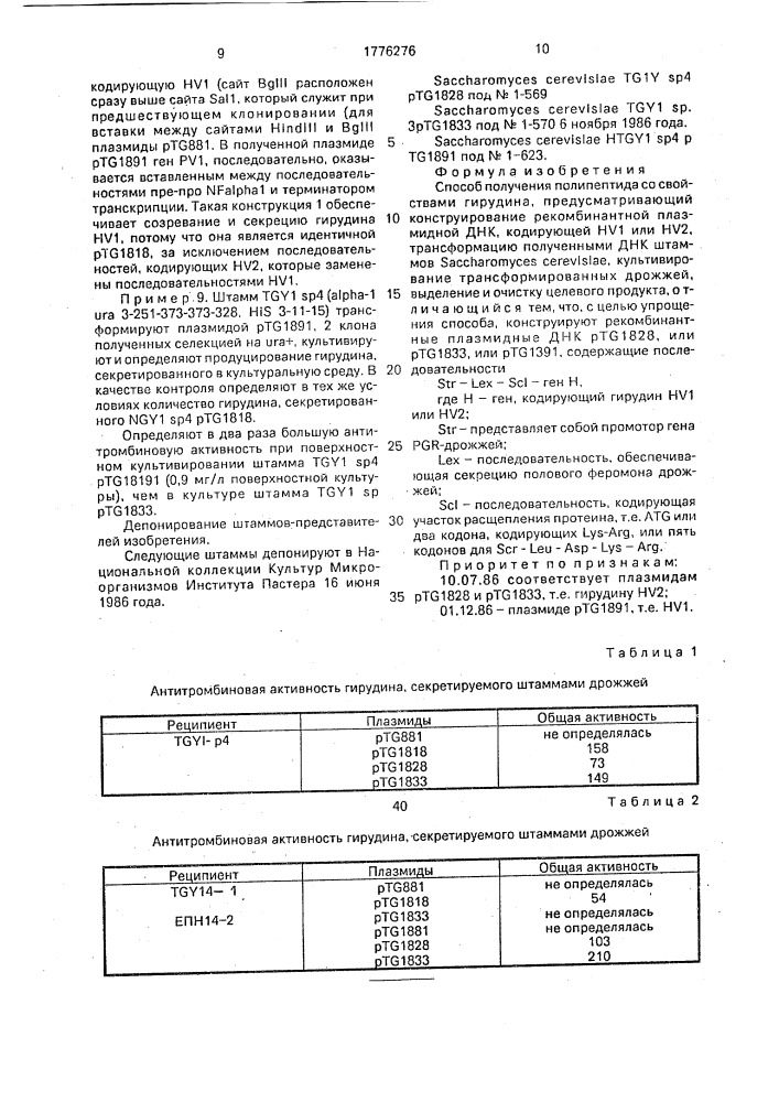 Способ получения полипептида со свойствами гирудина (патент 1776276)