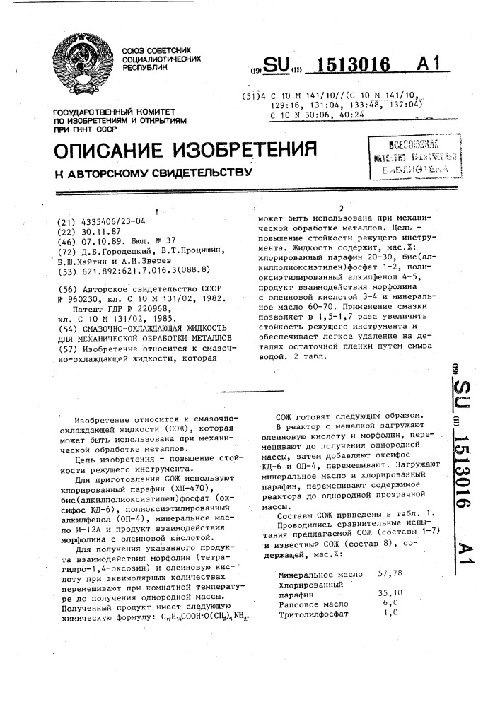 Смазочно-охлаждающая жидкость для механической обработки металлов (патент 1513016)