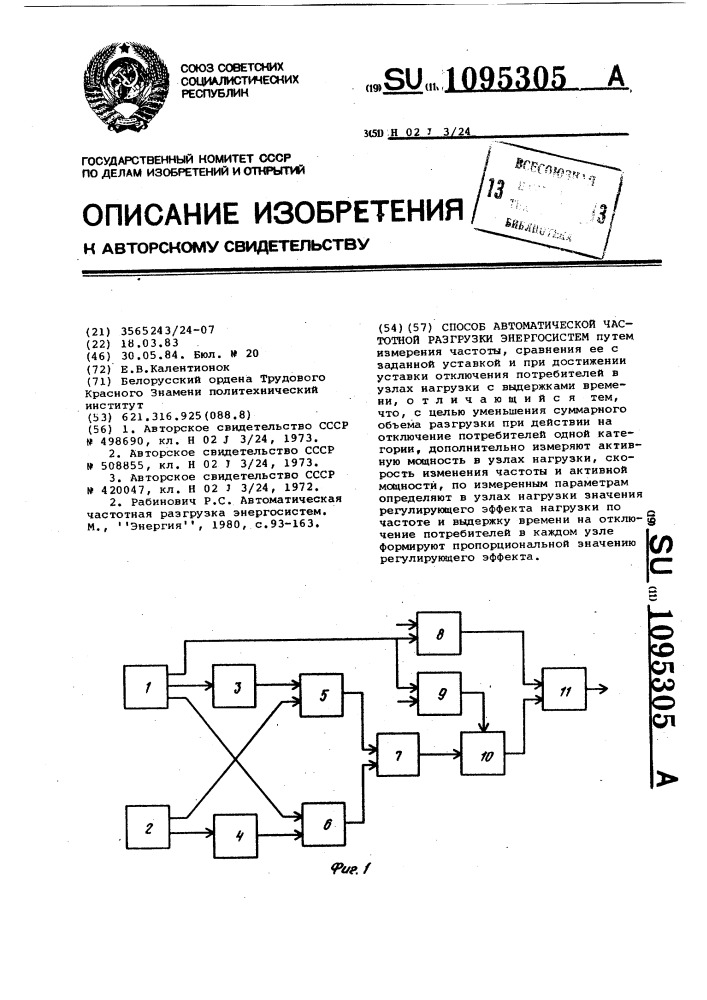 Способ автоматической частотной разгрузки энергосистем (патент 1095305)