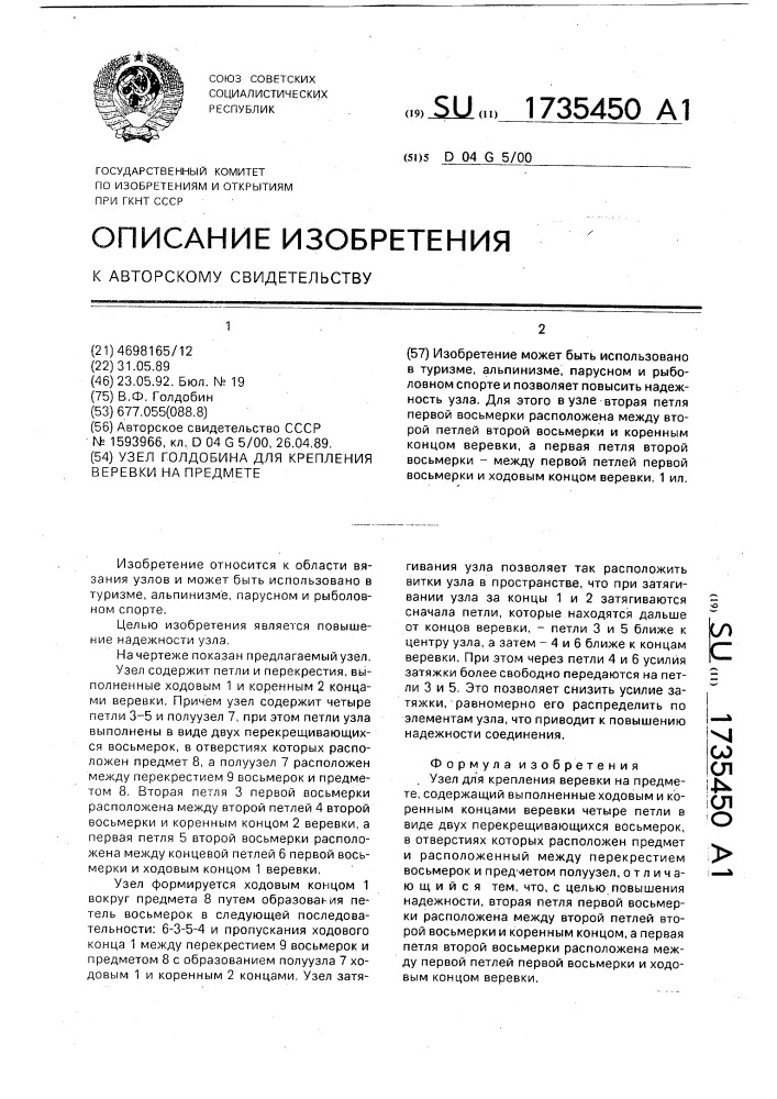 Узел голдобина для крепления веревки на предмете (патент 1735450)