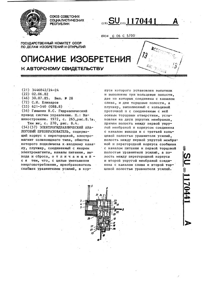 Электрогидравлический аналоговый преобразователь (патент 1170441)