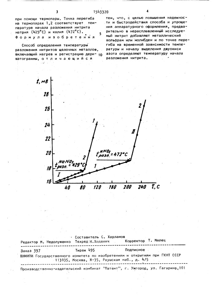 Способ определения температуры разложения нитритов щелочных металлов (патент 1543320)