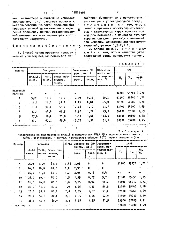 Способ металлирования ненасыщенных углеводородных полимеров (патент 1835401)