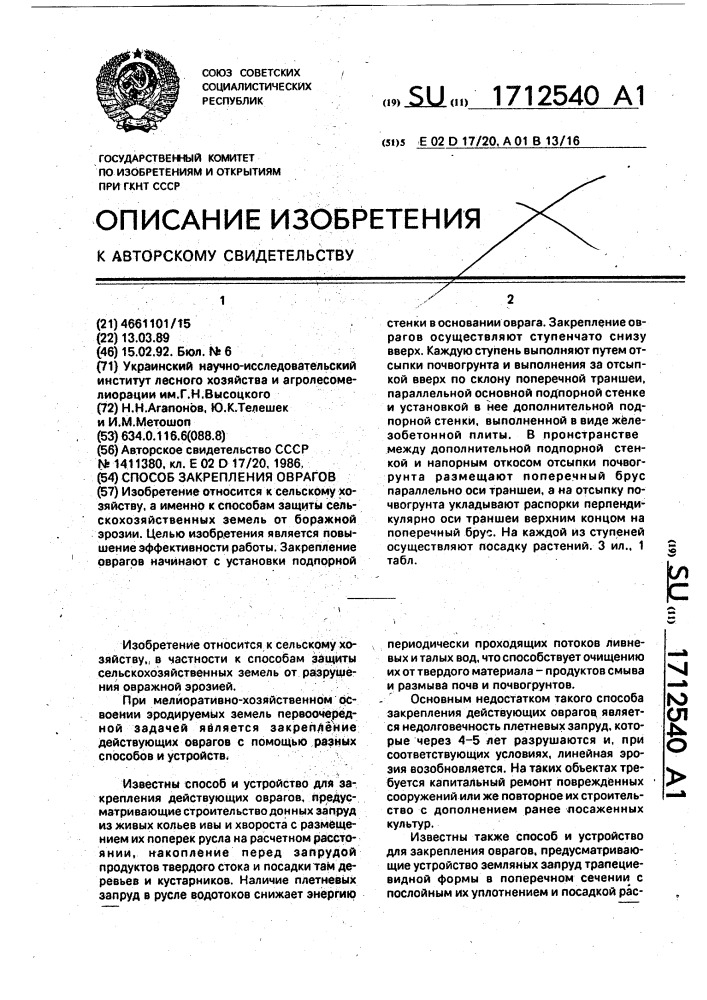 Способ закрепления оврагов (патент 1712540)