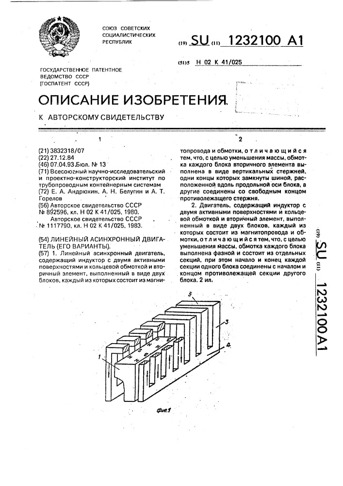 Линейный асинхронный двигатель (его варианты) (патент 1232100)