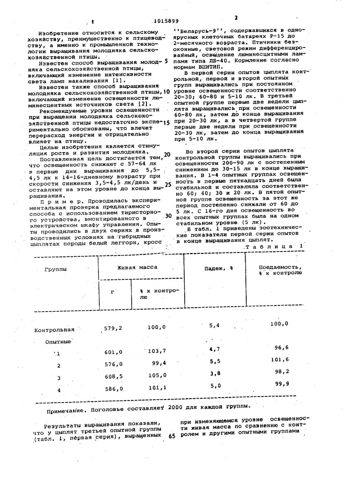 Способ выращивания молодняка сельскохозяйственной птицы (патент 1015899)