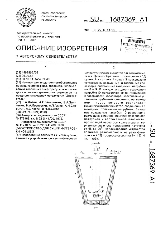 Устройство для сушки футеровки ковшей (патент 1687369)