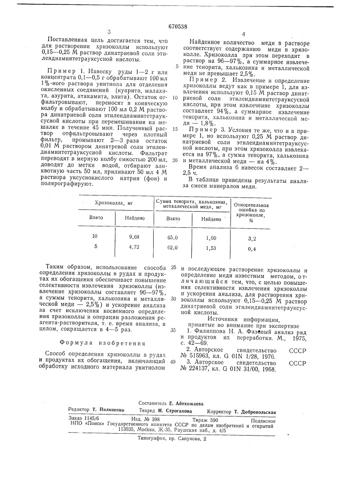 Способ определения хризоколлы (патент 670538)