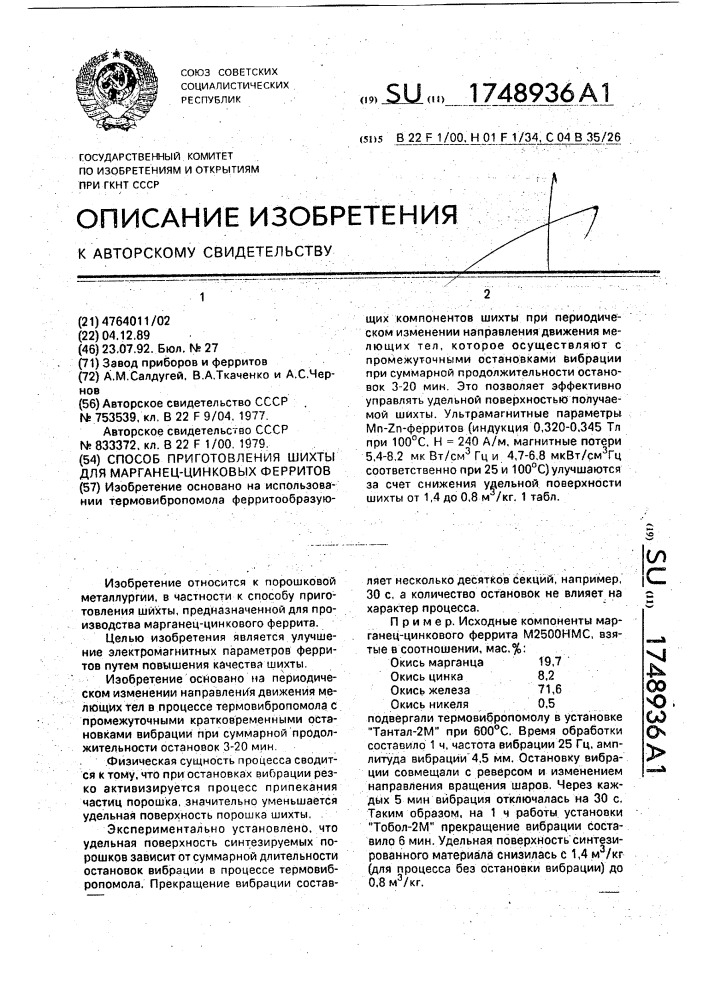 Способ приготовления шихты для марганец-цинковых ферритов (патент 1748936)