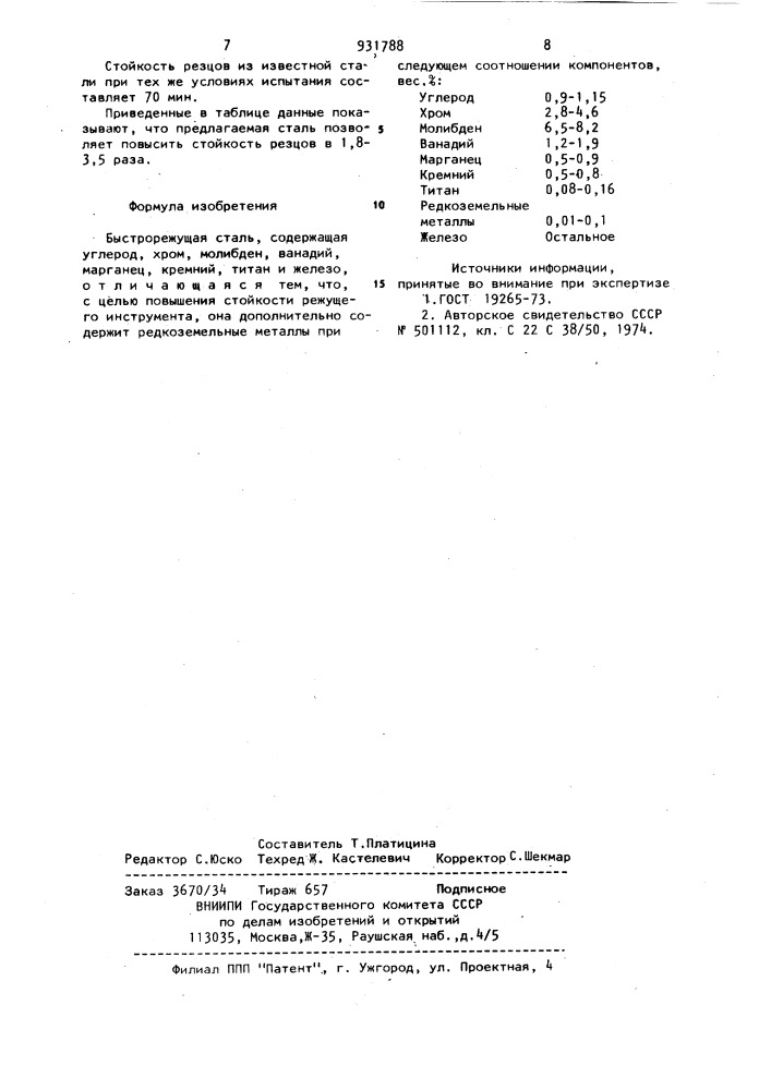 Быстрорежущая сталь (патент 931788)