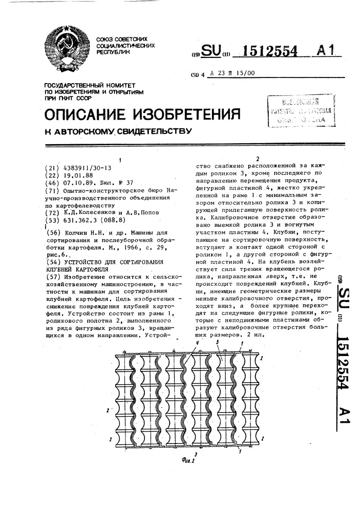 Устройство для сортирования клубней картофеля (патент 1512554)