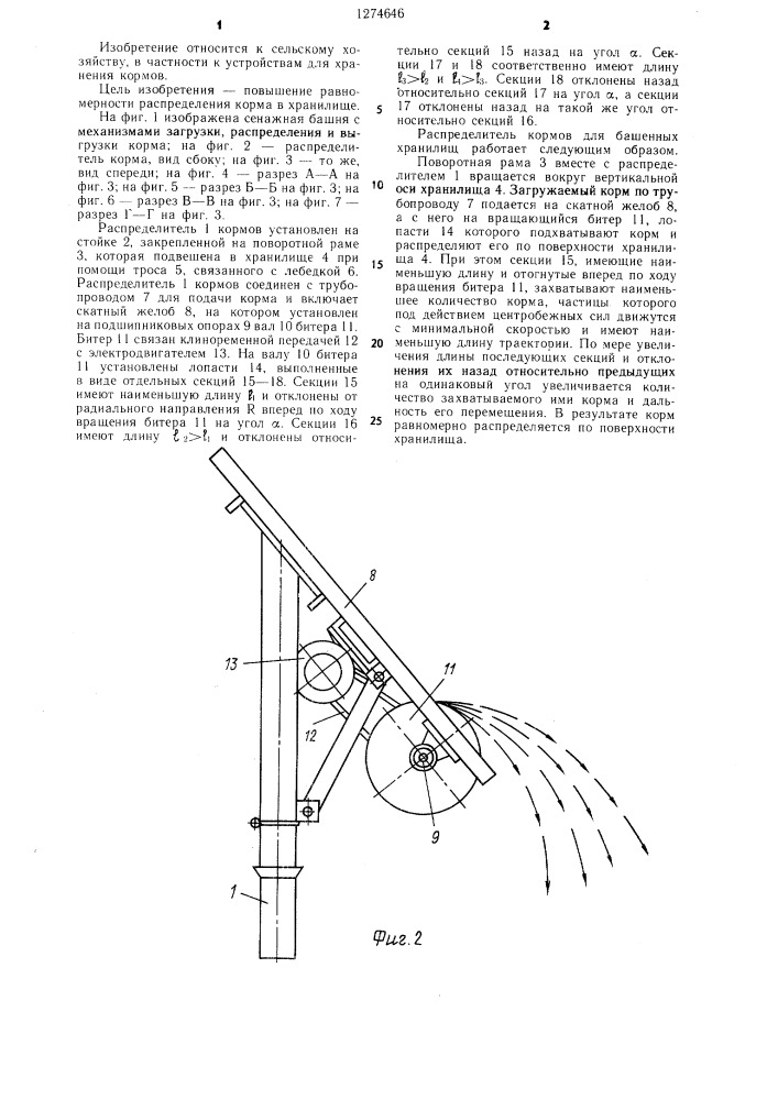 Распределитель корма для башенных хранилищ (патент 1274646)
