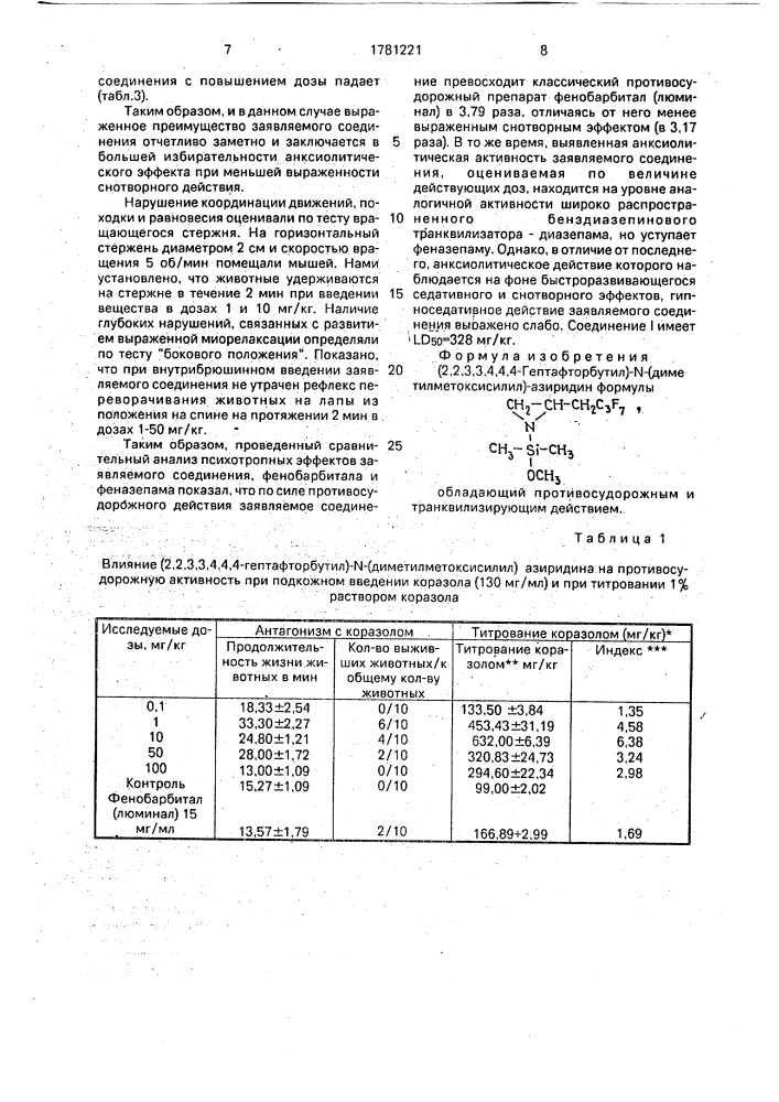 (2,2,3,3,4,4,4,-гептафторбутил)-n-(диметилметоксисилил)- азиридин, обладающий противосудорожным и транквилизирующим действием (патент 1781221)